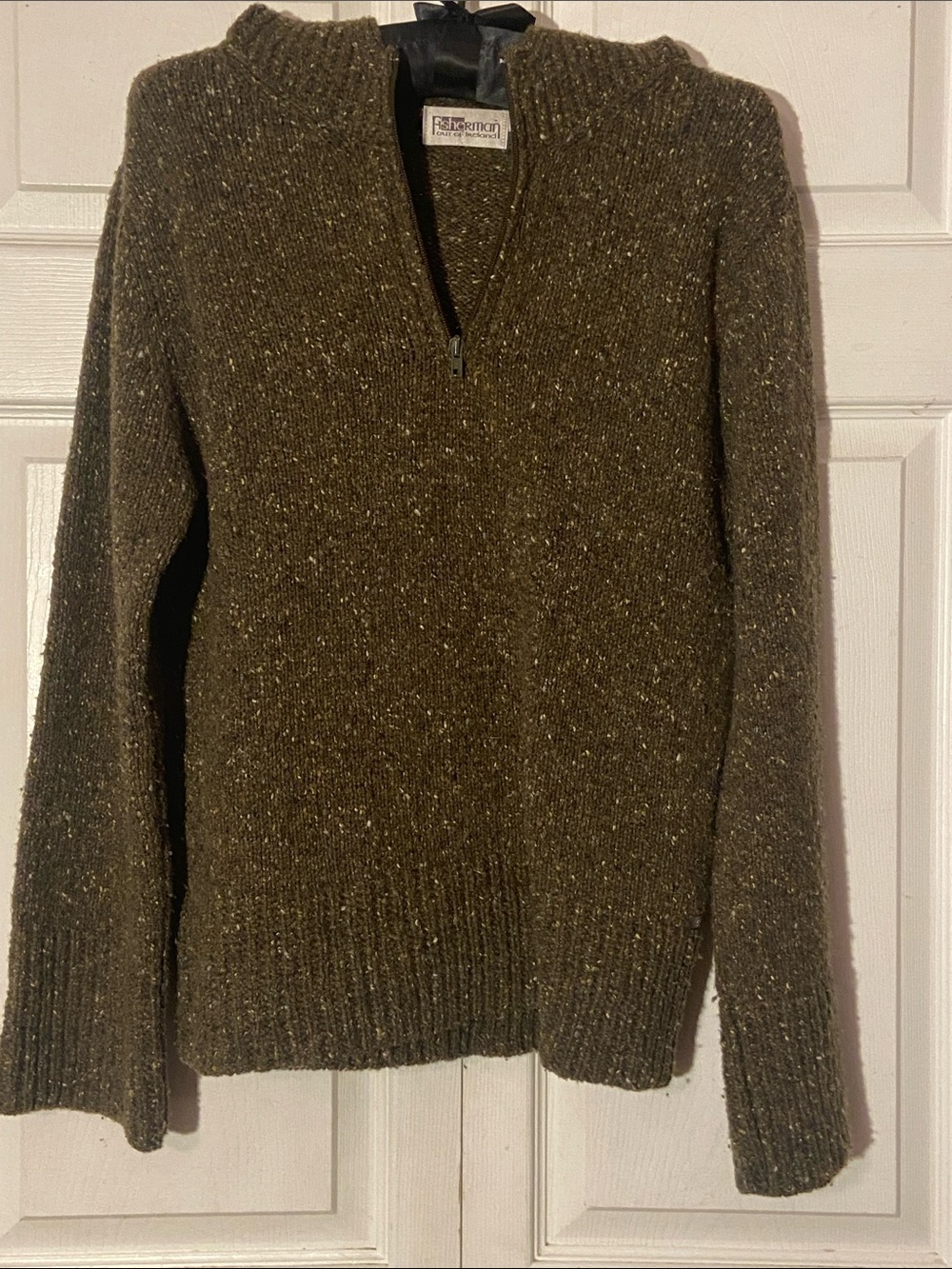 Fisherman Out of Ireland Half-Zip Speckled Wool-Blend Hoodie Sweater sz L Gray